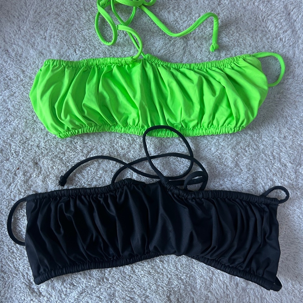 Frankies Bikinis Ruched Bandeau Bikini Top Lot 2 Black Neon Green Small